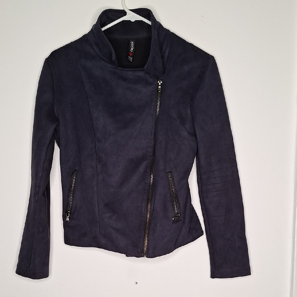 Elegant Women's Dark Blue Leather Jacket